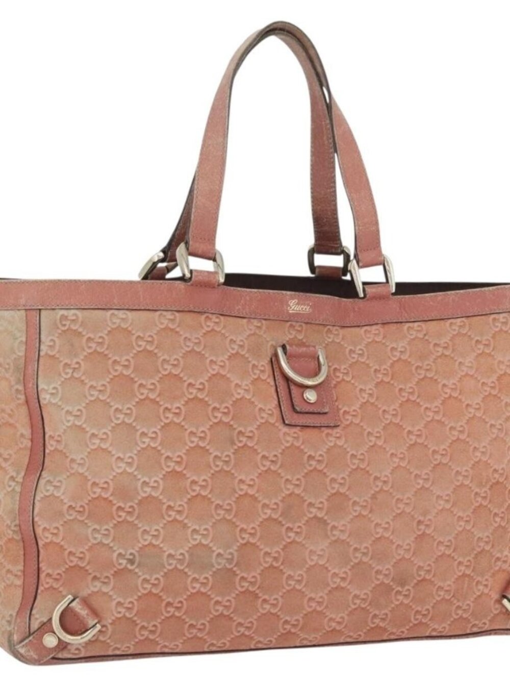GUCCI GG Canvas Abbey Tote Bag Suede Pink Gold 141472 Auth YKZ110